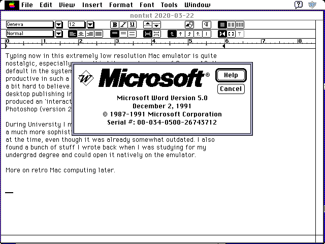 Screenshots of Microsoft Word 5.0 running in a Mac II emulator
