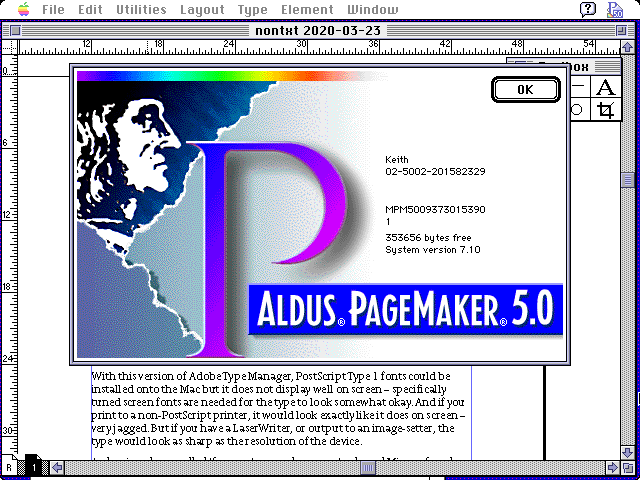 Screenshots of Aldus PageMaker 5.0 running in a Mac II emulator