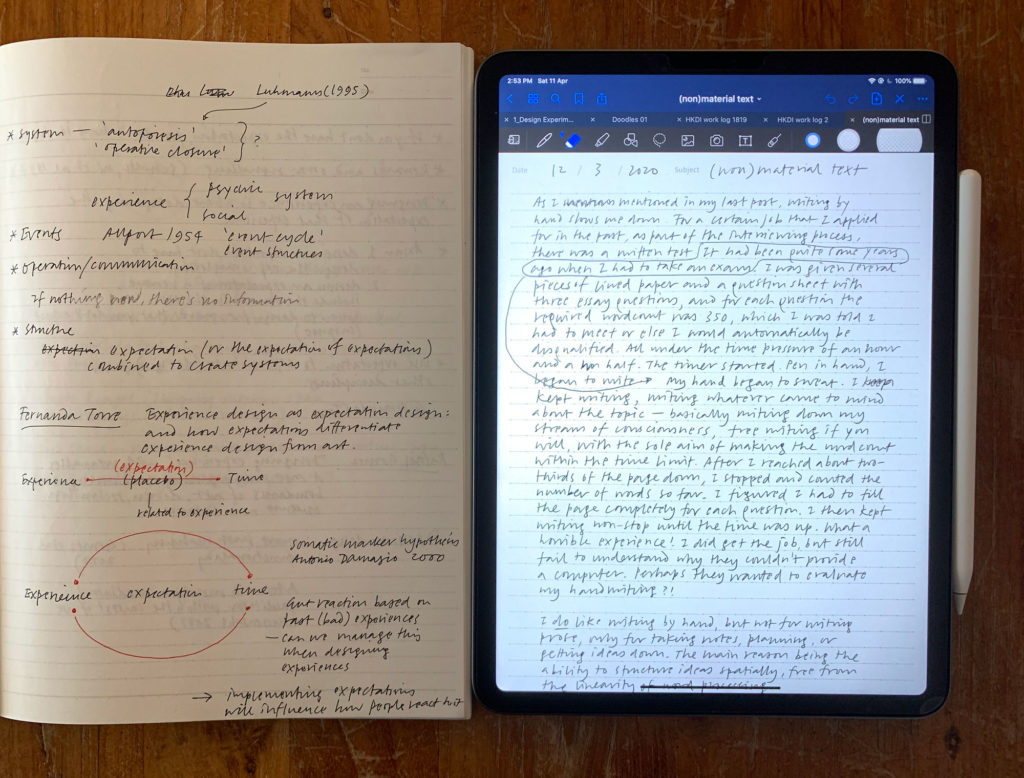 An opened notebook side by side with an iPad Pro with the Goodnotes app opened