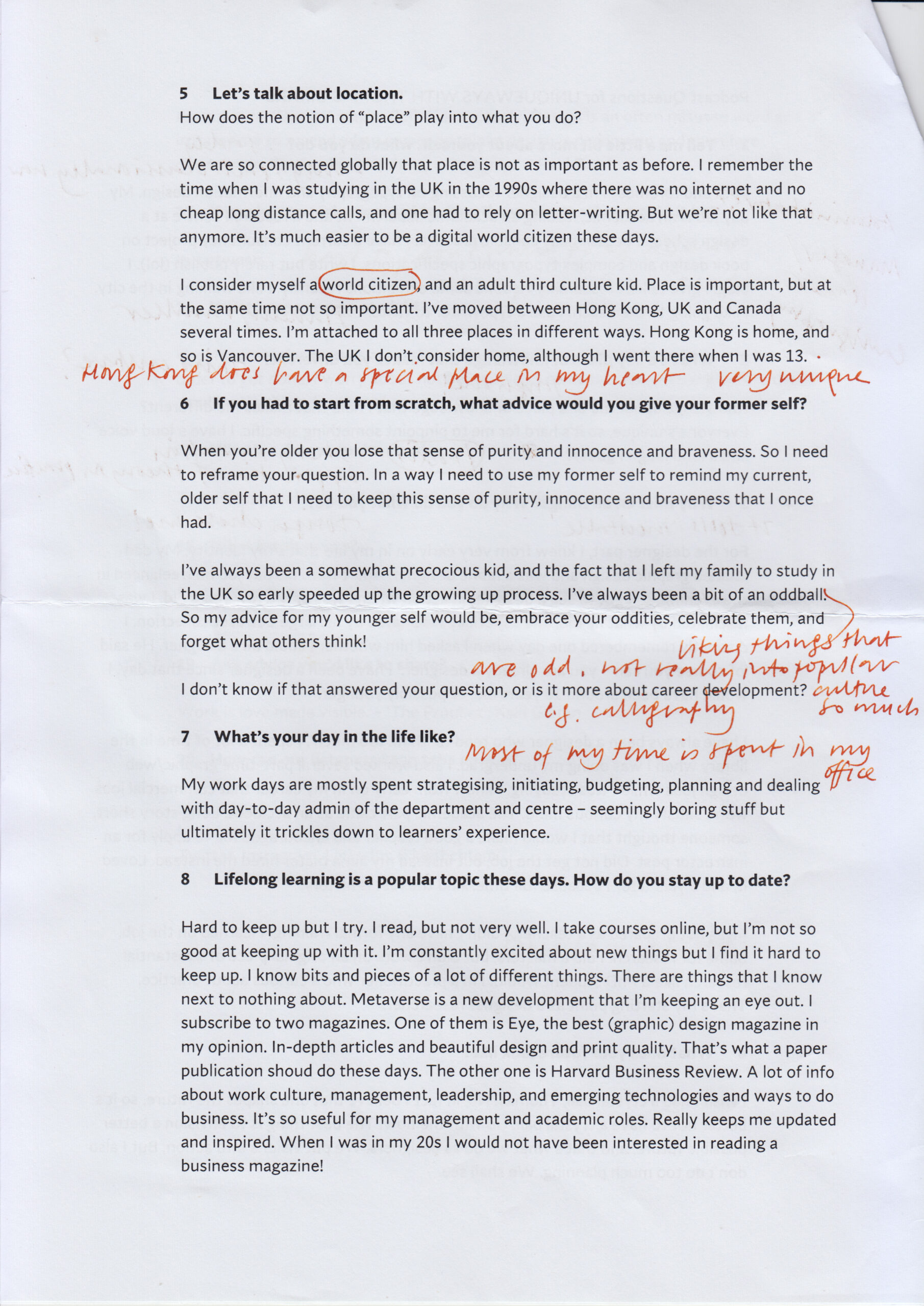 An A4 laser printed page containing text in black with handwritten annotations written in burnt orange ink. Part of a four-page document stapled together in the top left corner.