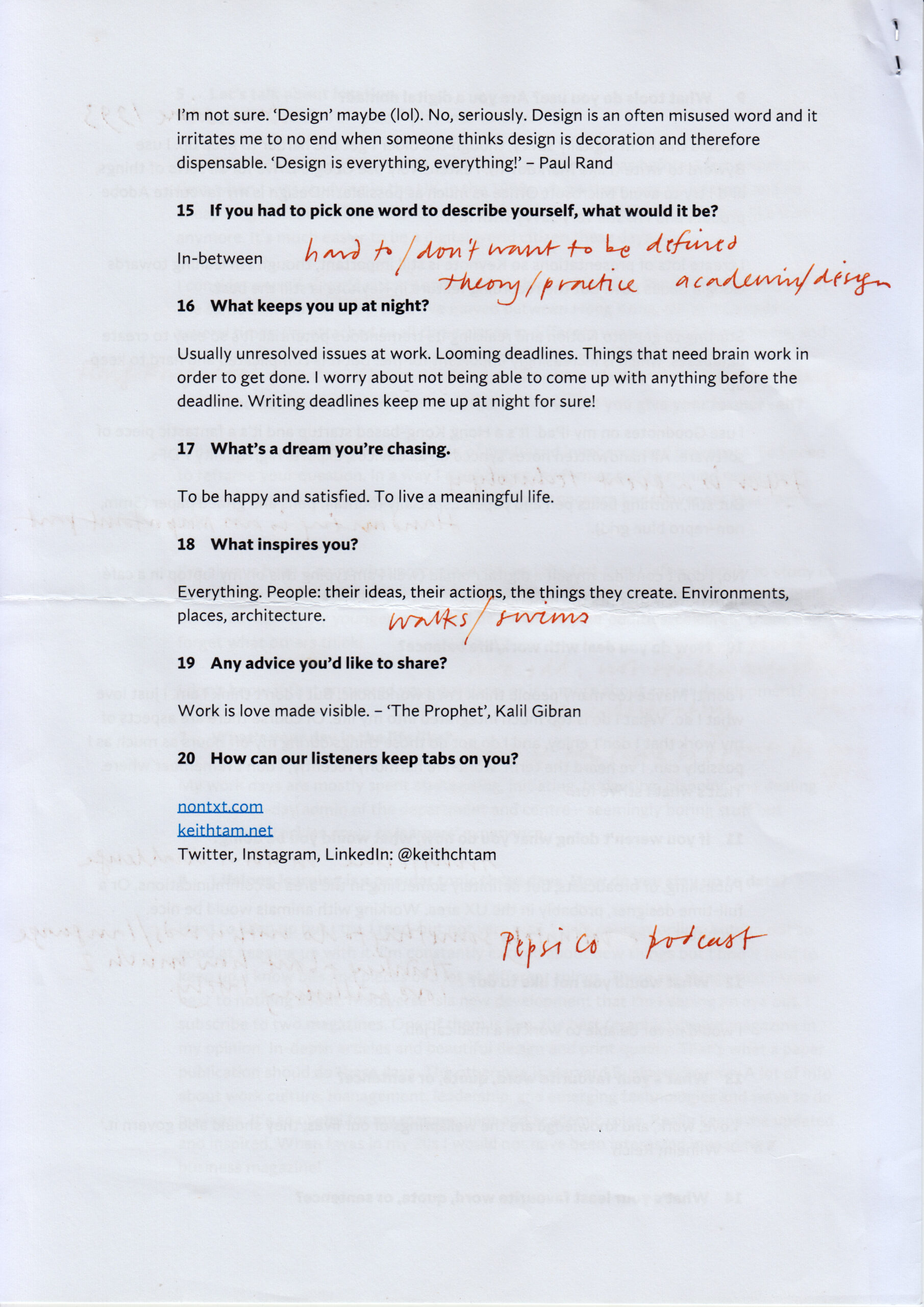 An A4 laser printed page containing text in black with handwritten annotations written in burnt orange ink. Part of a four-page document stapled together in the top left corner.