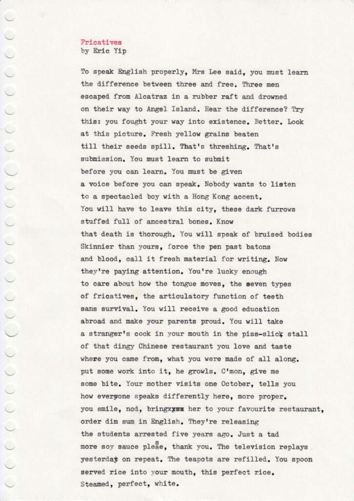 A typewritten page of text showing a poem written by Eric Yip, who won first prize at the 2021 National Poetry Competition in the UK.